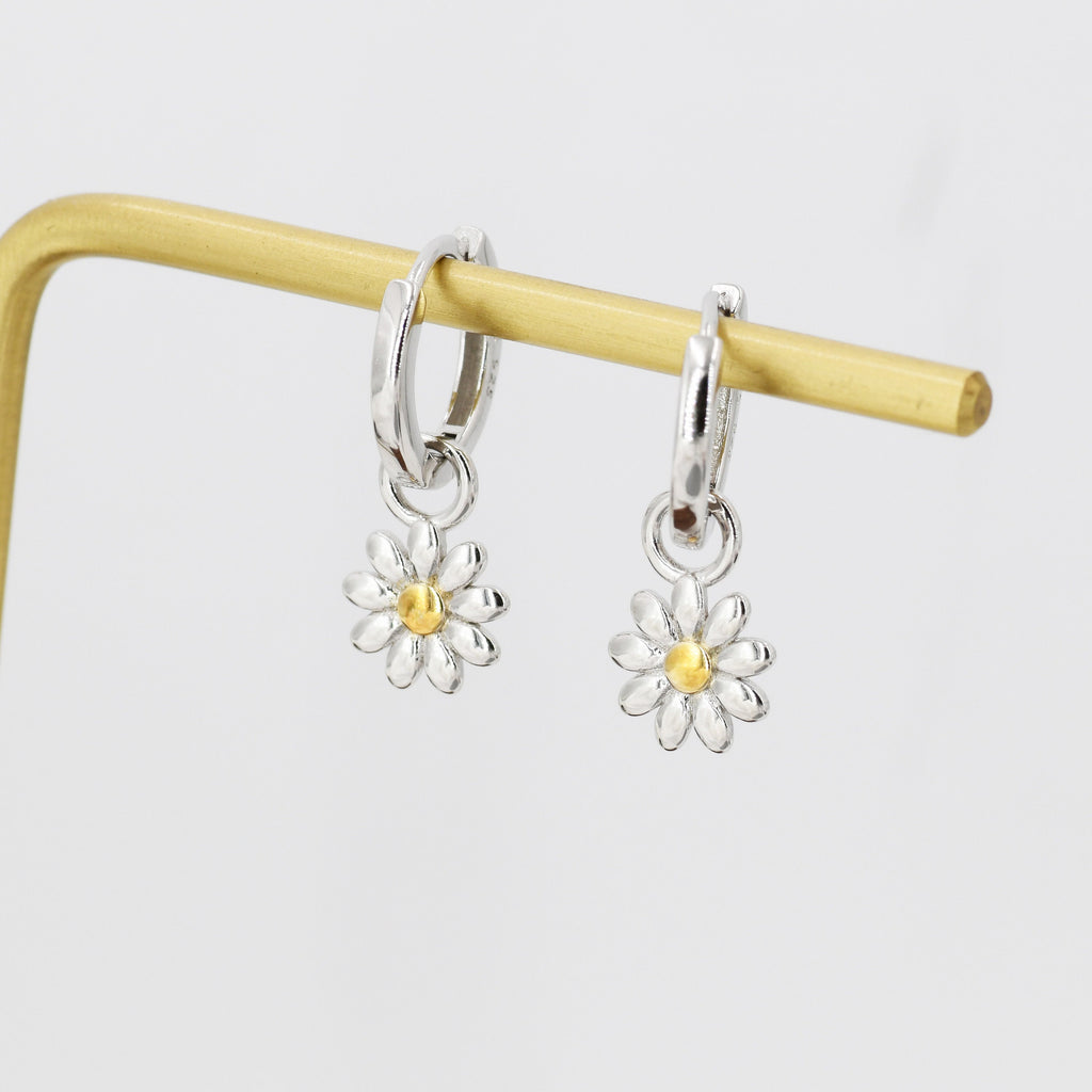 Little Daisy Flower Charmed Hoop Earrings in Sterling Silver - Cute Flower Blossom Huggie Hoop Earrings - Fun, Whimsical