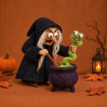 Needle Felted Witch Figurine, Handmade Wool Halloween Shelf Decor, Gift for Halloween Lovers