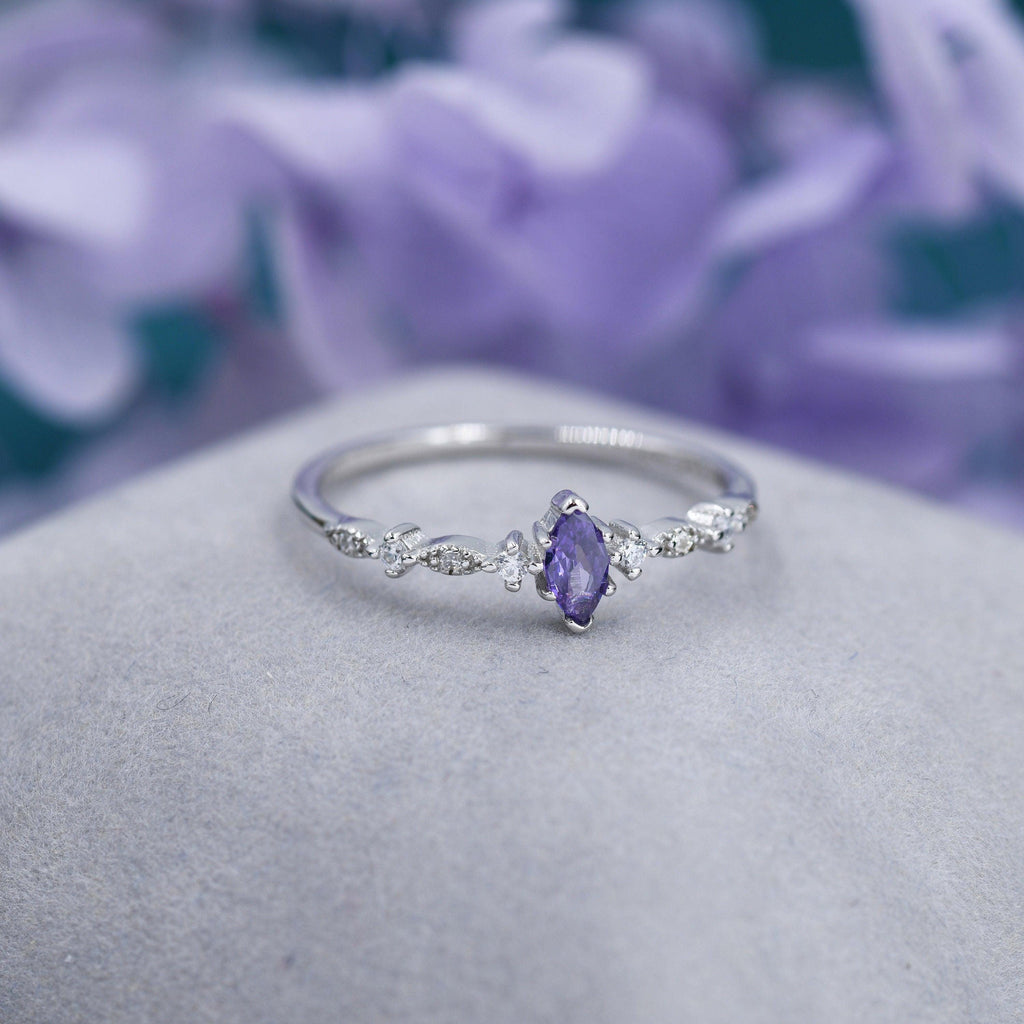 Vintage Inspired Amethyst Purple CZ Ring in Sterling Silver, Marquise Ring, Delicate Amethyst Ring, Size US 5 - 8