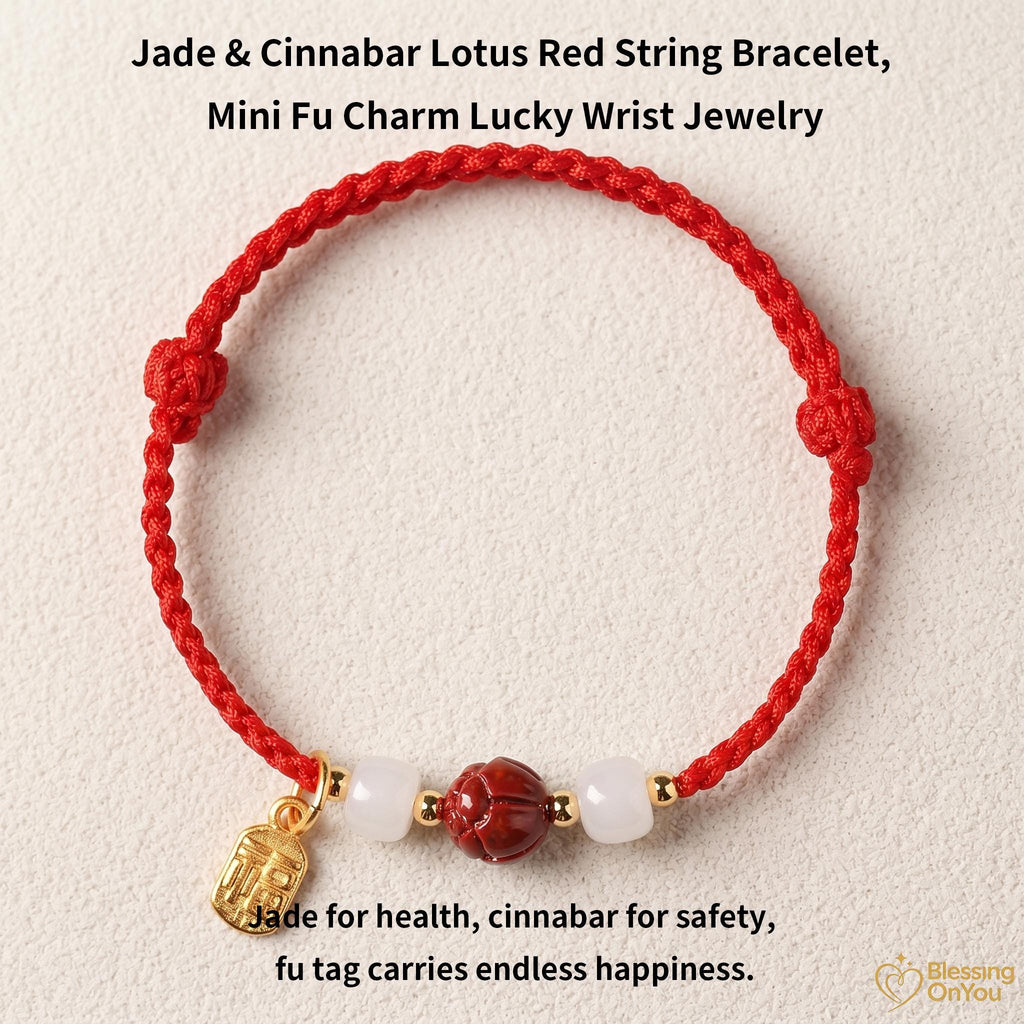 Cinnabar Lotus Red String Bracelet | Buddhist Meditation Bracelet | Handmade Protection Charm | Jade Fu Lucky Spiritual Bracelet Gift