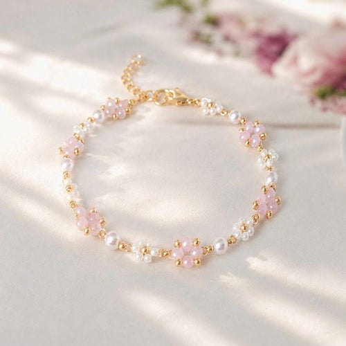 18K Gold Plated, Beaded Flower Bracelet, Daisy Bracelet, Pink Floral Bracelet, Aesthetic Flower Bracelet, Gift For Her, Birthday Gift