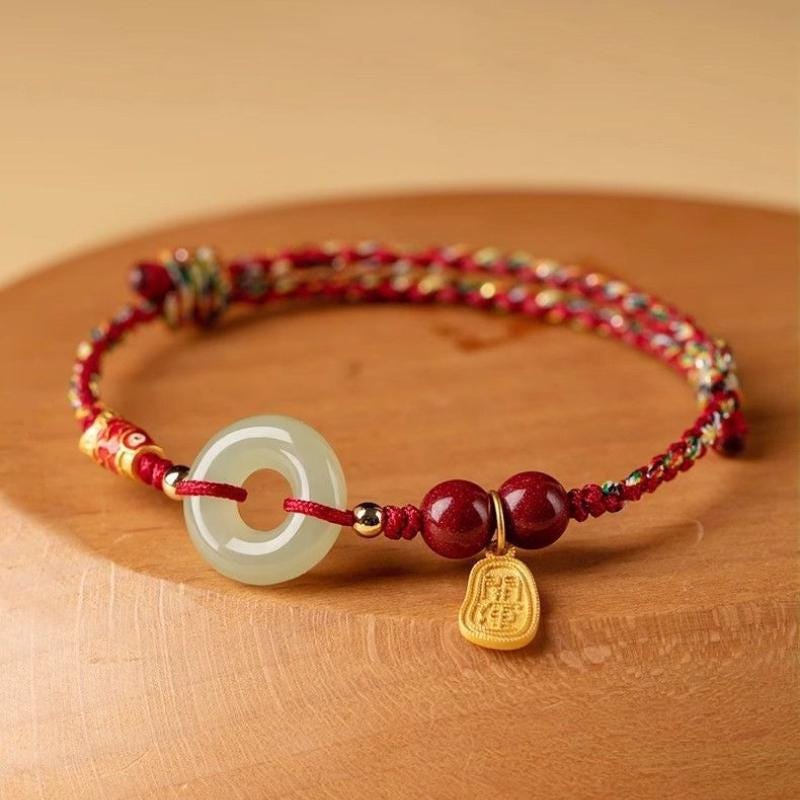 Lucky Red String Bracelet, Handmade Jade Circle Bracelet, Braided Protection Bracelet, Koi Charm Bracelet, Adjustable Gift for Her