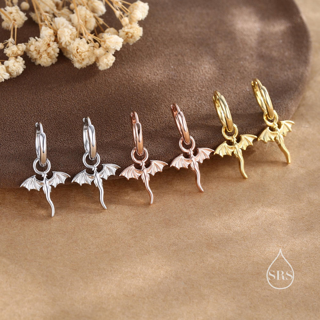 Tiny Dragon Huggie Hoop in Sterling Silver, Silver or Gold or Rose Gold, Dagon Dangle Hoop Earrings, Detachable and Interchangeable