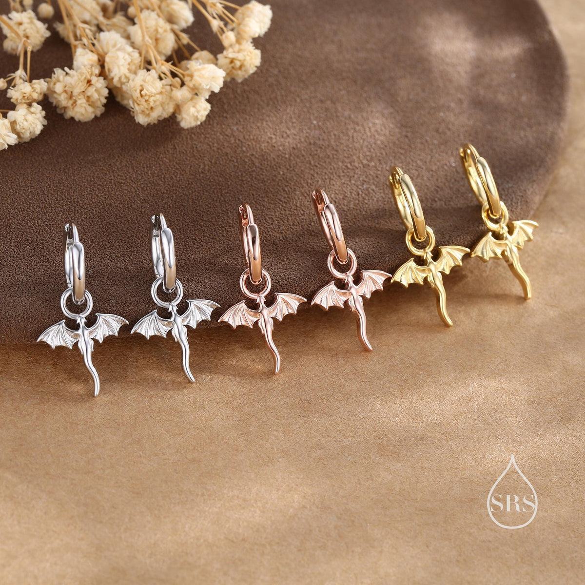 Tiny Dragon Huggie Hoop in Sterling Silver, Silver or Gold or Rose Gold, Dagon Dangle Hoop Earrings, Detachable and Interchangeable