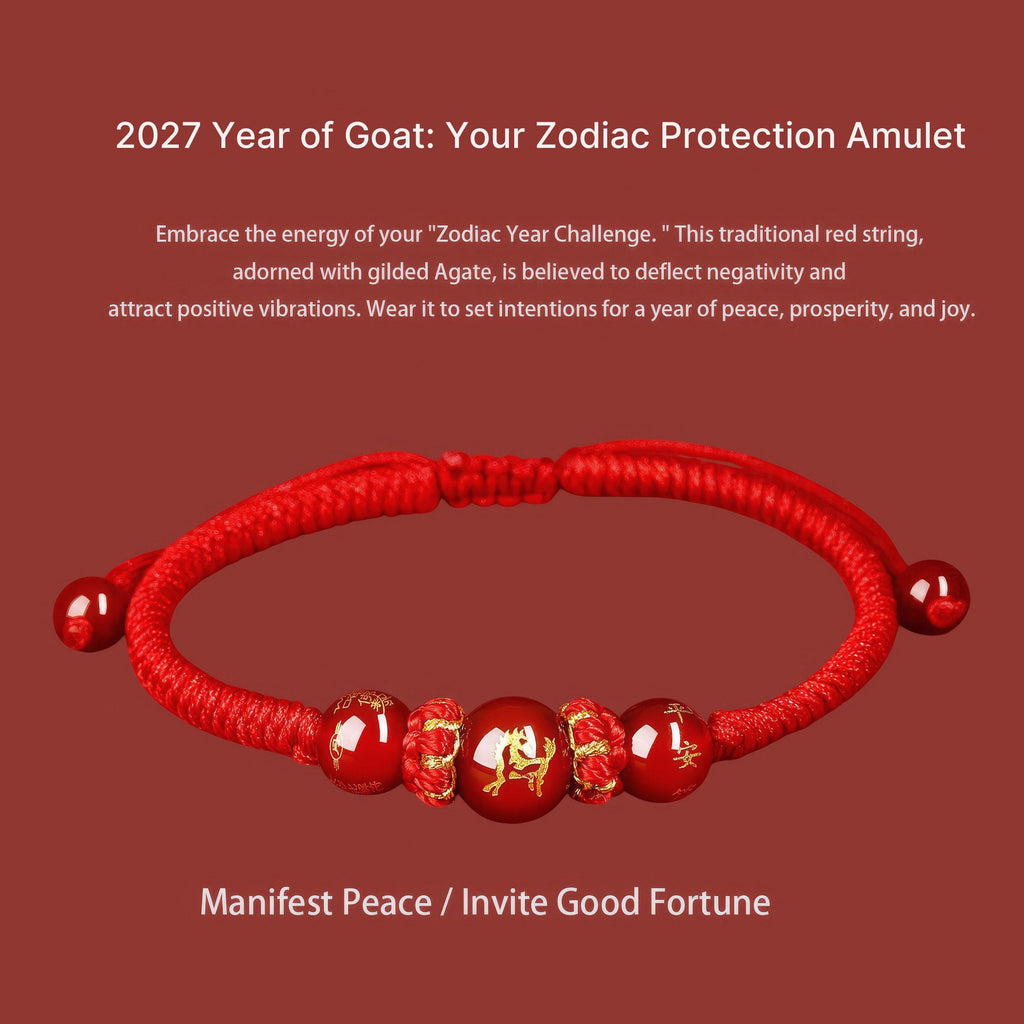 2027 Zodiac Protection Bracelet, Red String Agate Amulet, Energy Shield for Year of the Goat, Temple Blessed Gift