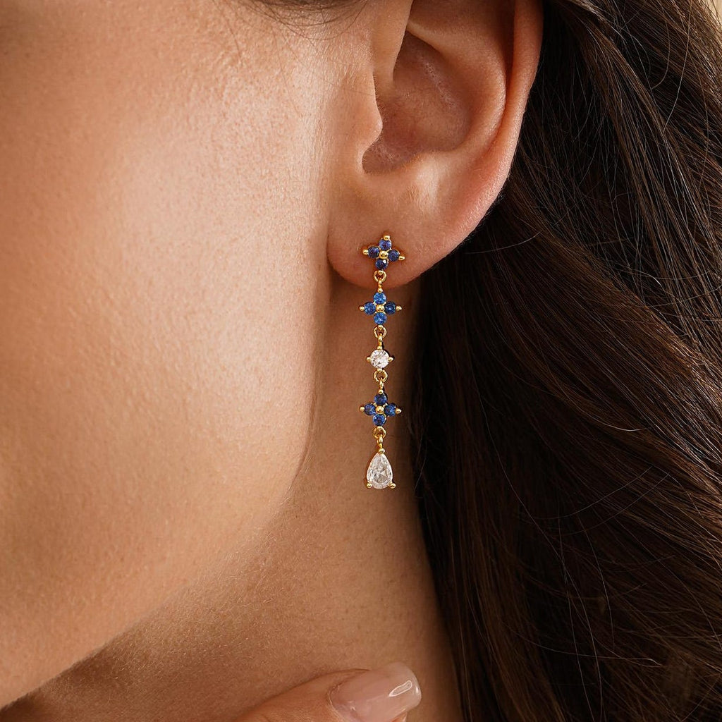 Flower Diamond Drop Earrings, Minimalist Blue Sapphire Flower Earrings, Wedding Dangle Earrings, Gemstone Gifts for Her, Bridesmaid Gifts