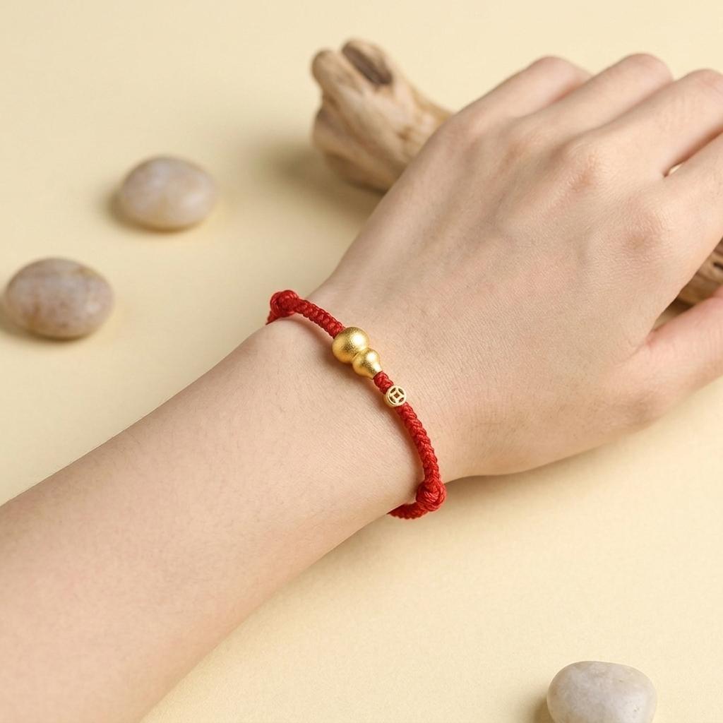 Gold Plated Fu Lu Gourd Red String Bracelet, Lucky Feng Shui Protection Bracelet, Adjustable Minimalist Coin Charm Jewelry Gift for Her Him