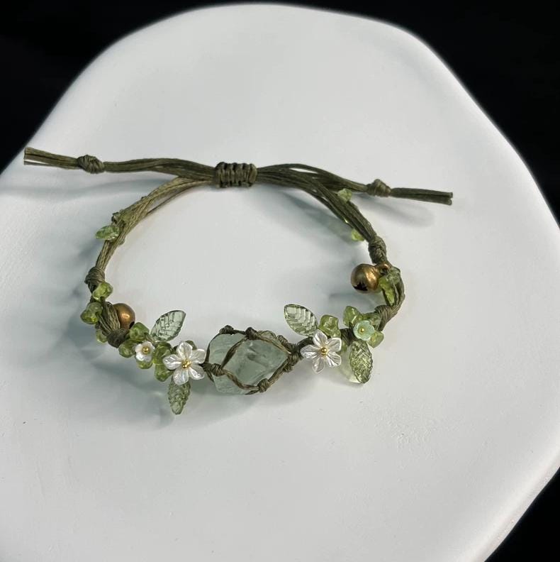 Green Fluorite Macrame Bracelet: Boho Floral Crystal Jewelry