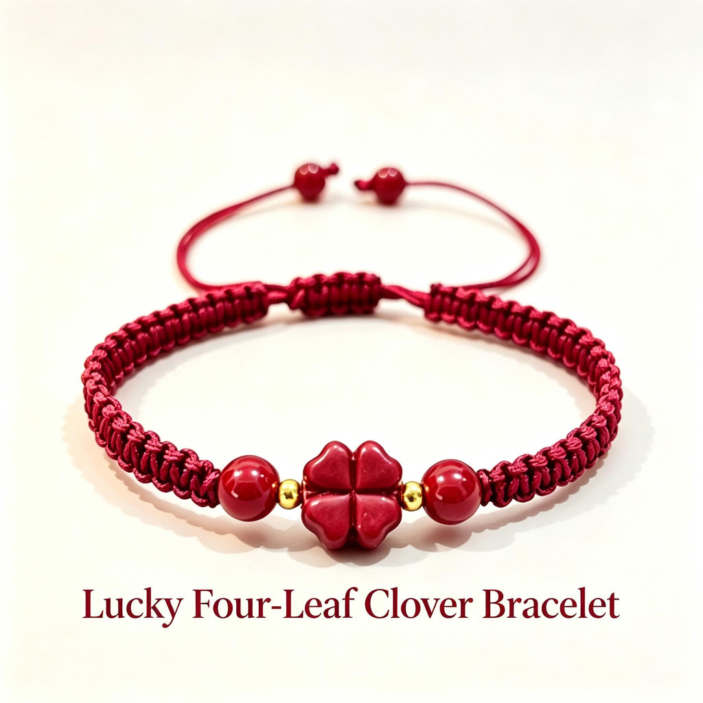 Red String Bracelet,Cinnabar Bracelet,Four Leaf Clover Bracelet, Lucky Charm Jewelry, Good Luck Gift, Handmade Inspired Jewelry Gift For Her