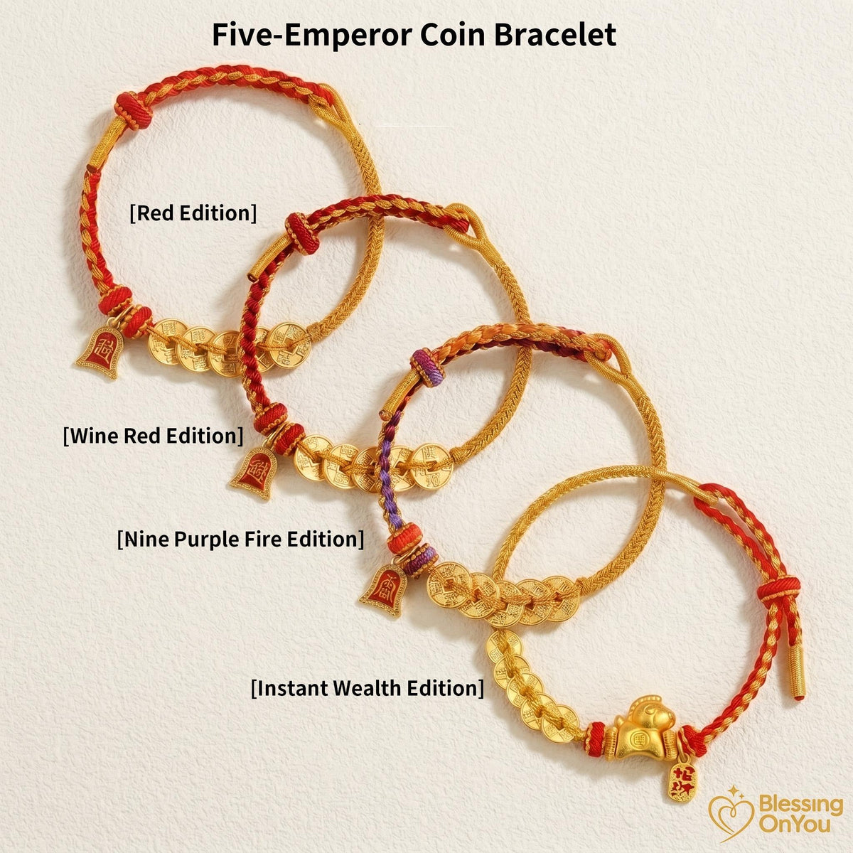 Red String Wealth Bracelet, Wealth Attraction Lucky Horse Charm, Prosperity & Protection Gift, Feng Shui Five Emperors Coins Bracelet