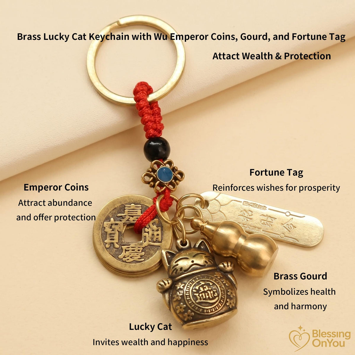 Feng Shui Lucky Cat Keychain, Five Emperor Coins Brass Keychain, Pixiu Wealth Charm, Wu Lou Gourd, Protection Amulet, Lucky Gift
