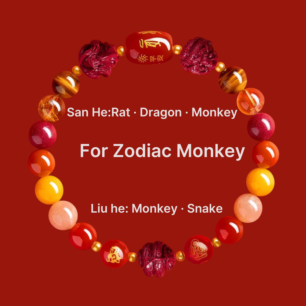 2027 Zodiac Gift Bracelet, Tai Sui Protection Bracelet, Natural Cinnabar & Gemstones, San He Liu He Talisman, Temple Blessed Chinese Zodiac