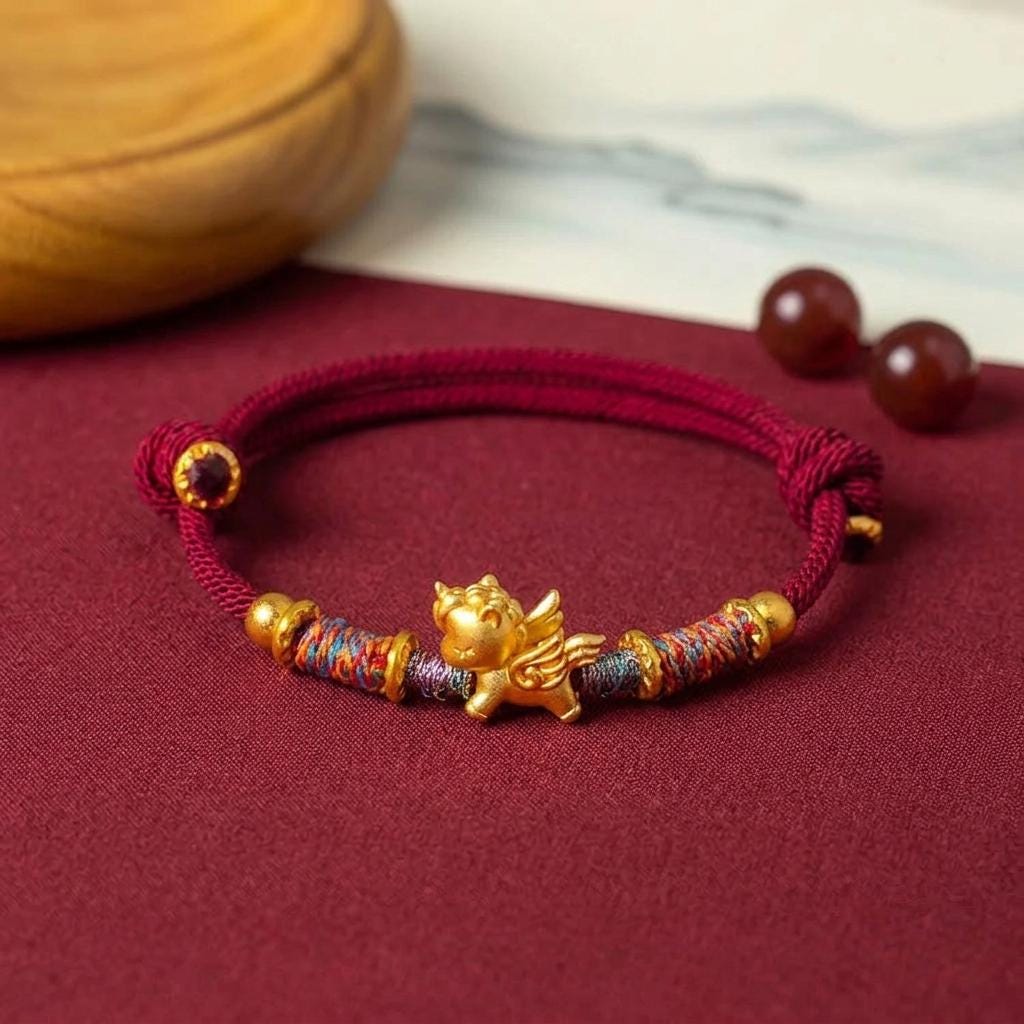 Red Cord Unicorn Bracelet, Handmade Lucky Charm Bracelet, Gold Unicorn Friendship Bracelet, Adjustable Woven Bracelet, Gift for Her