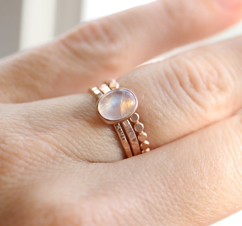 14K Gold Filled or Sterling Silver Rainbow Moonstone Ring: Oval Stacking Ring