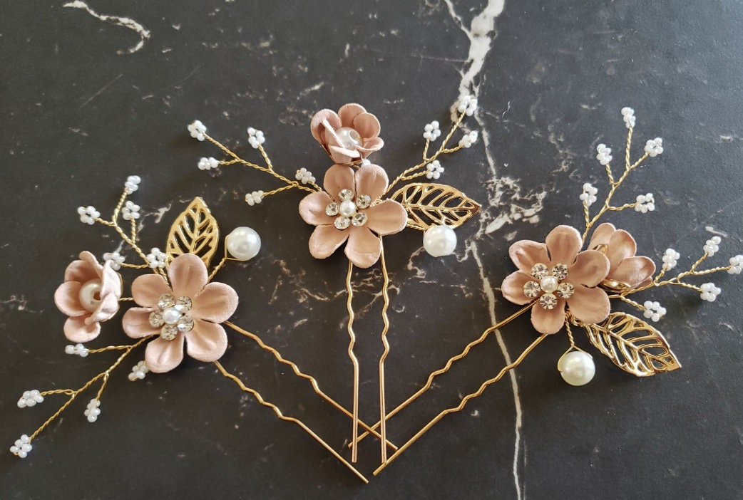 Bridal Hair Pins, Crystal Pearl Blue Flower Wedding Accessory