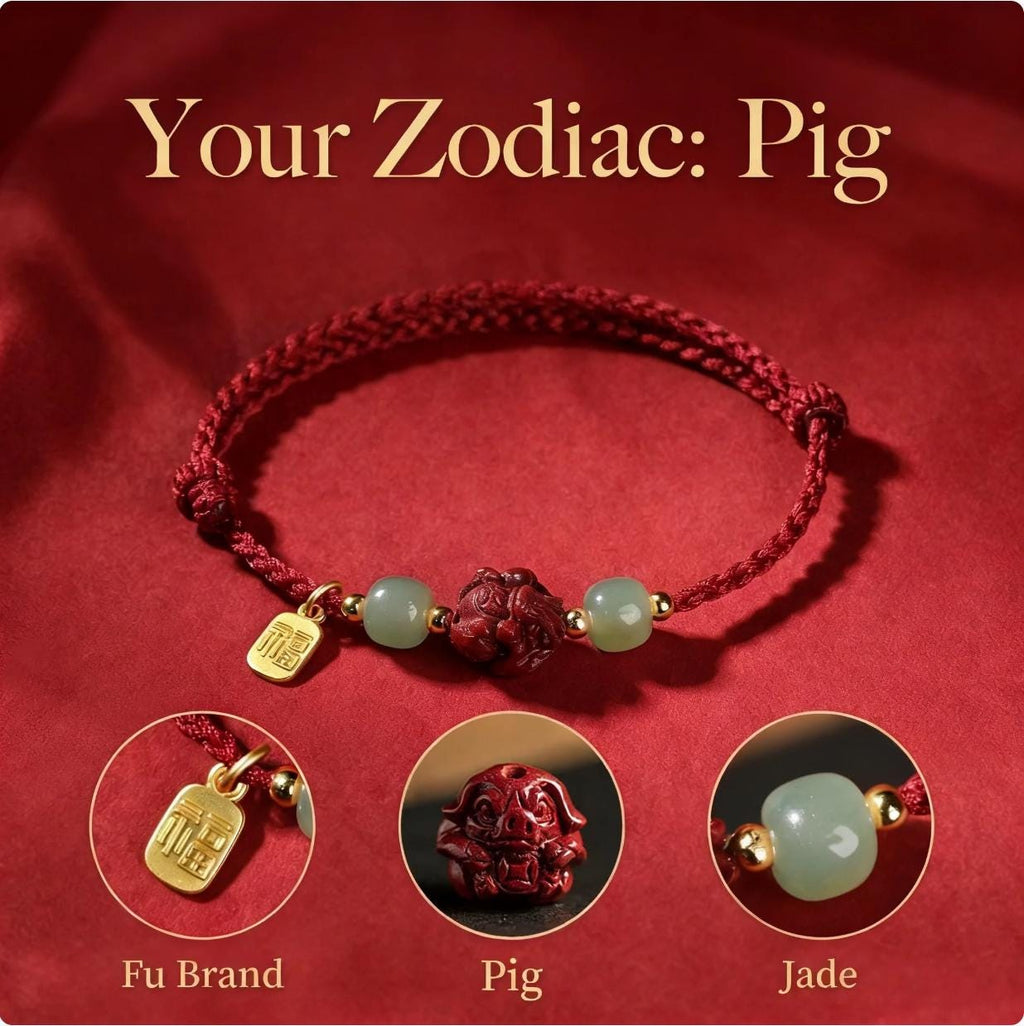 Zodiac Red String Bracelet,Cinnabar Animal Charm, Jade Beads, Fu Lucky Charm,Adjustable Protection Bracelet, Handmade Knot, Gift for Her Him