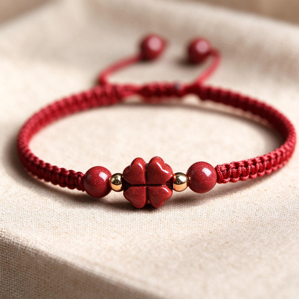 Red String Bracelet,Cinnabar Bracelet,Four Leaf Clover Bracelet, Lucky Charm Jewelry, Good Luck Gift, Handmade Inspired Jewelry Gift For Her