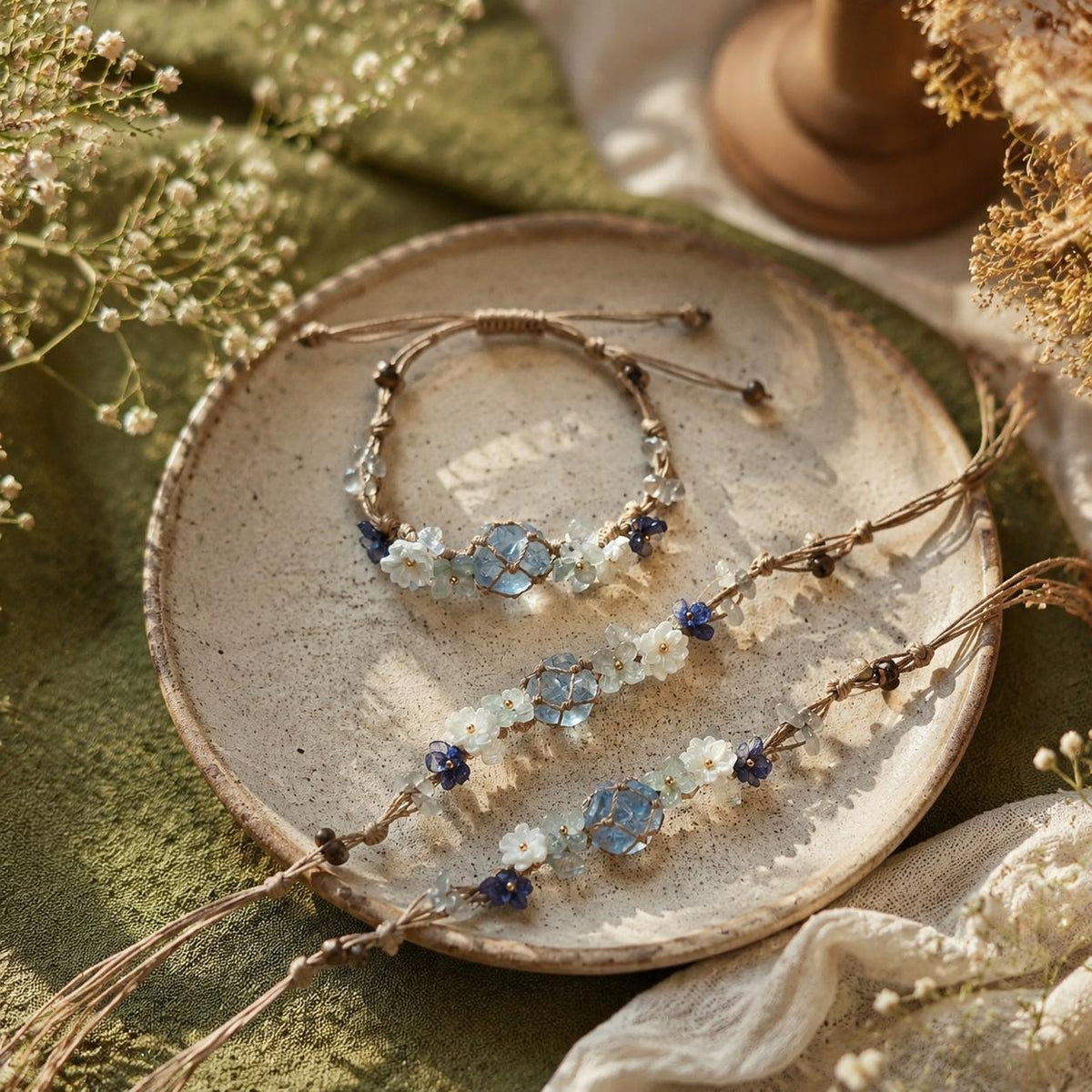 Blue Crystal Flower Bracelet: Adjustable Woven Cord Jewelry