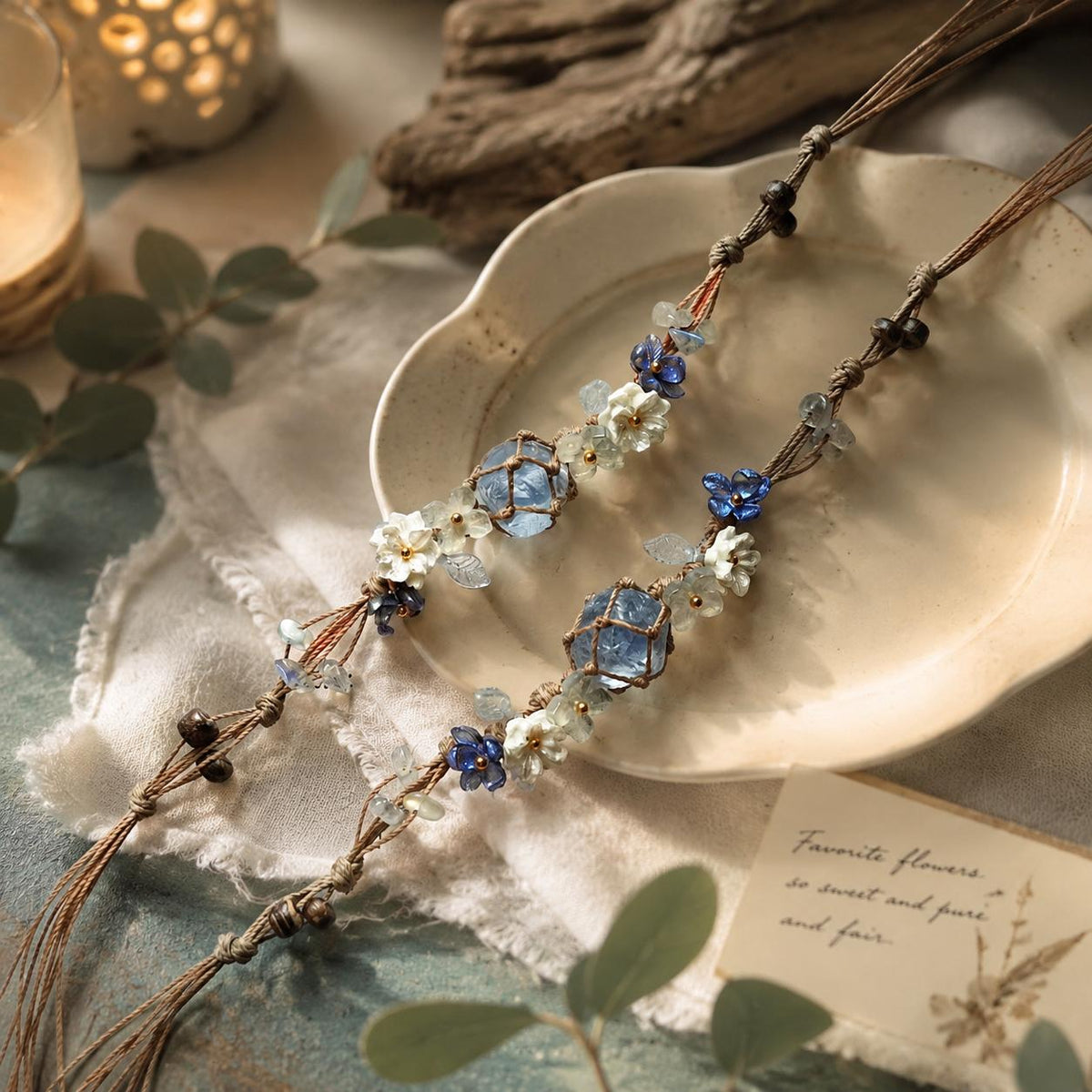 Blue Crystal Flower Bracelet: Adjustable Woven Cord Jewelry