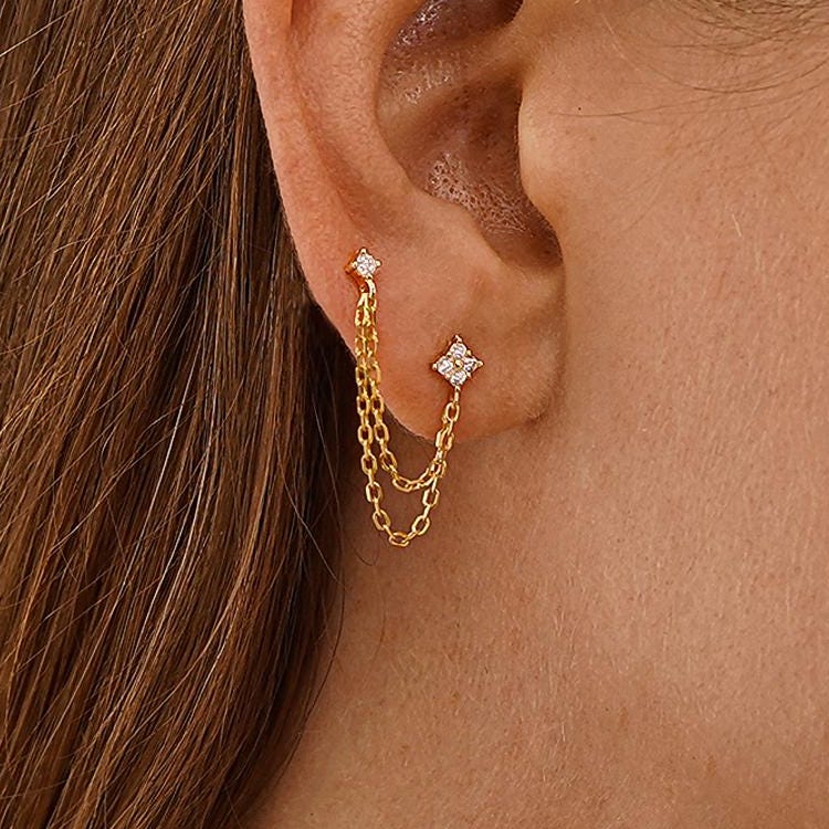 Double Piercing Diamond Stud Earrings, Gold Dangling Chain Earrings, Two Hole Gemstone Earrings, CZ Drop Earrings, Birthday Gift for Her