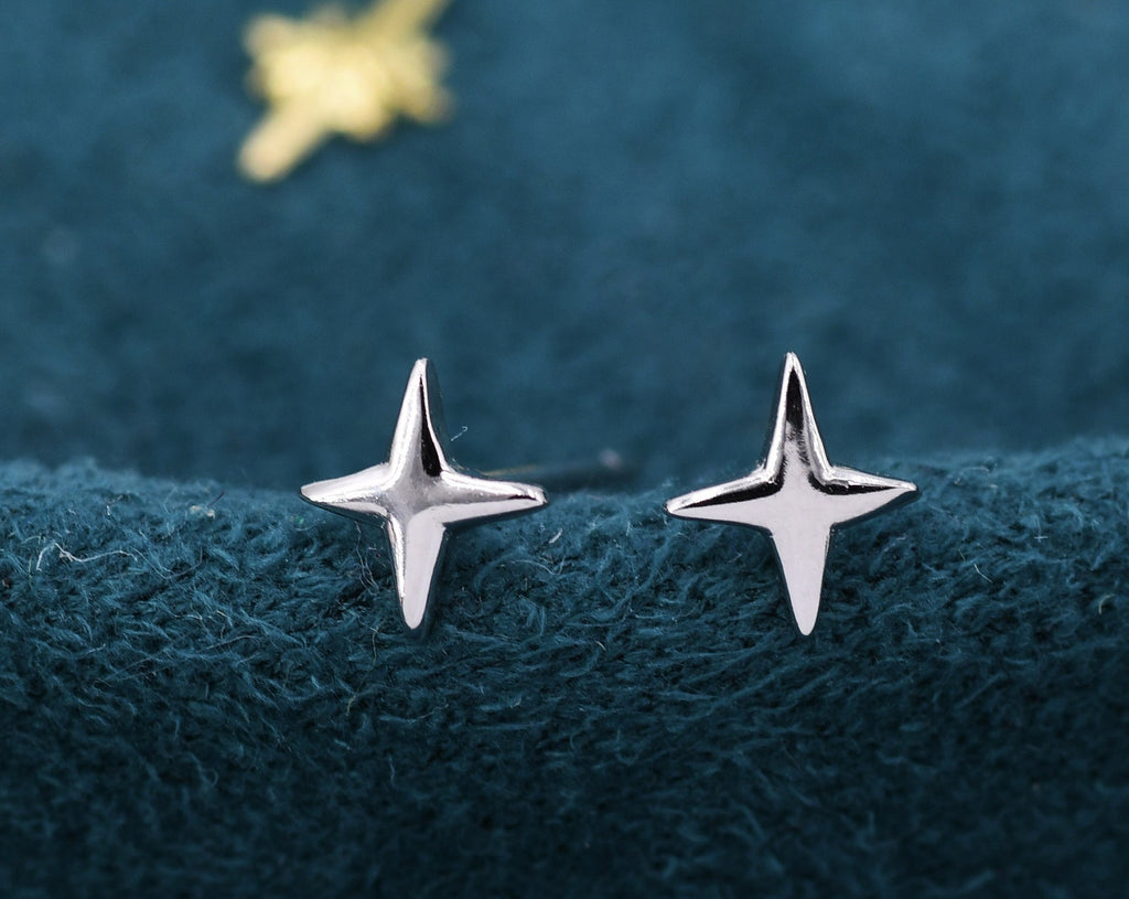Four Point Star Stud Earrings in Sterling Silver, Tiny Celestial Stud, Gold or Silver, Tiny Star Earrings