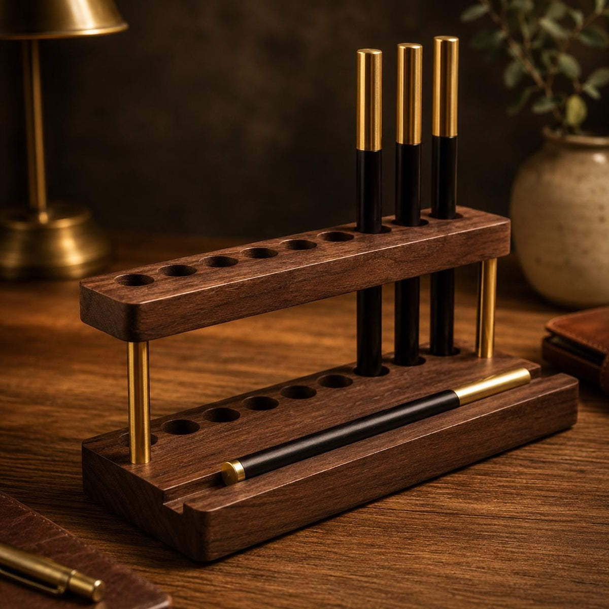 Walnut Wood Pen Holder with Phone Stand, Desktop Organizer with Brass Accents