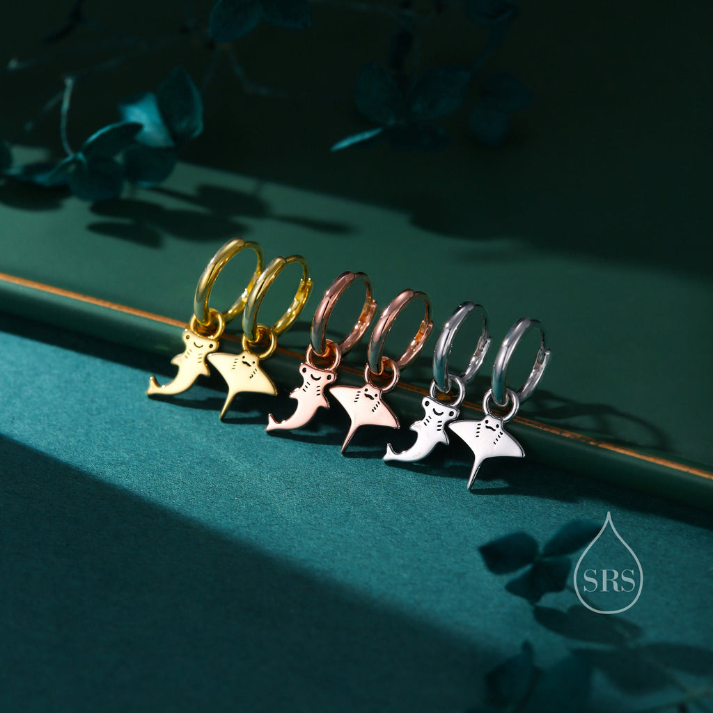 Mismatched Kawaii Hammerhead Shark and Manta Ray Huggie Hoop Earrings in Sterling Silver, Gold or Rose Gold, Asymmetric and Detachable