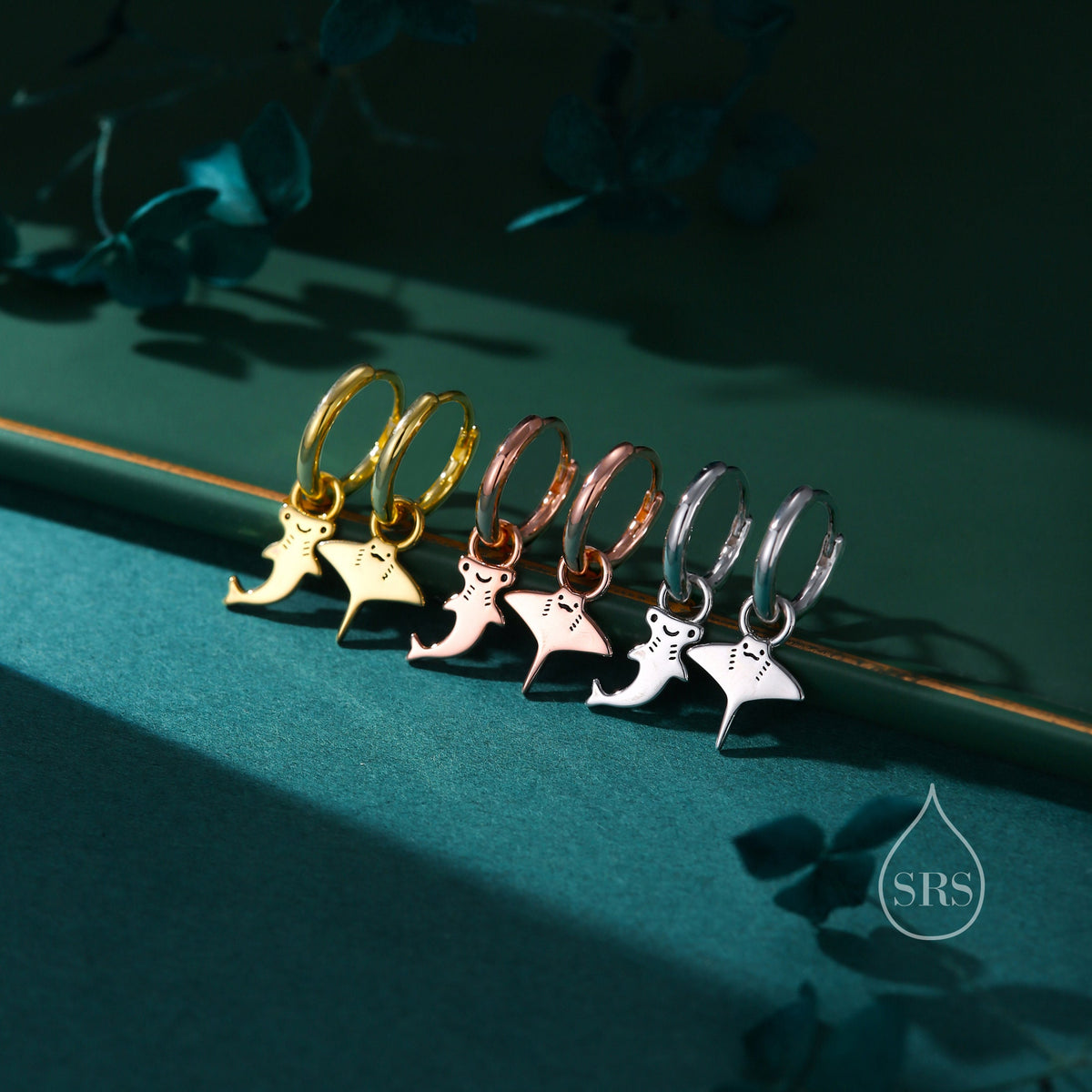 Mismatched Kawaii Hammerhead Shark and Manta Ray Huggie Hoop Earrings in Sterling Silver, Gold or Rose Gold, Asymmetric and Detachable