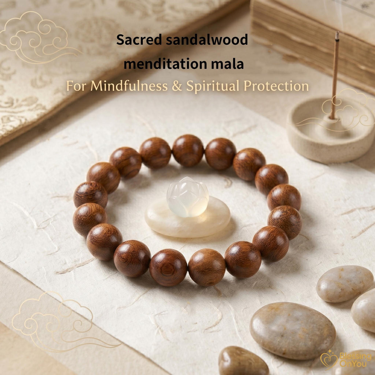 Sandalwood Mala Bracelet – Natural Wood Meditation Beads, Buddhist prayer beads, Good Luck Charm Gifts for Zen Yoga Lover, Gift for Him Her
