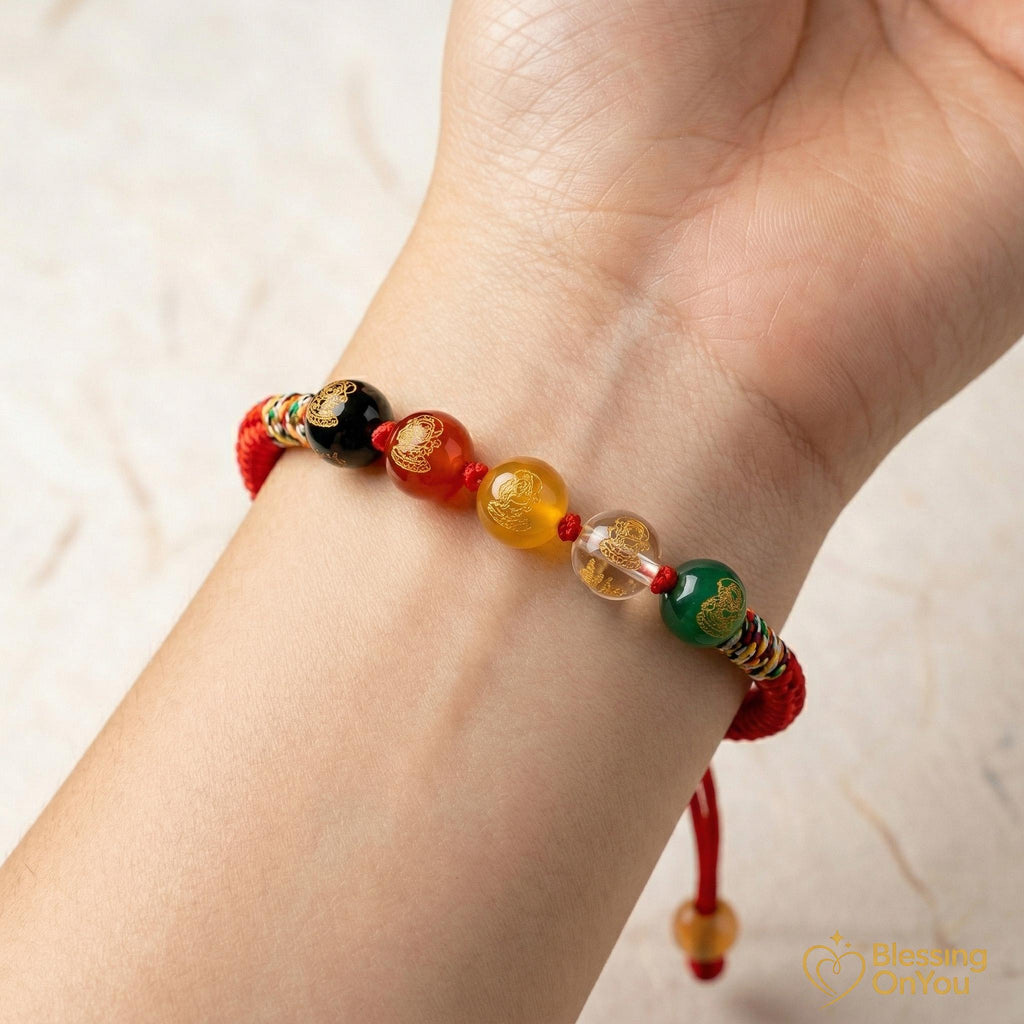 Five Gods Of Wealth Bracelet, 5 Roads Prosperity Bracelet, Woven Hand Rope, Buddhist talisman, Feng Shui Good Luck, Abundance & Protection