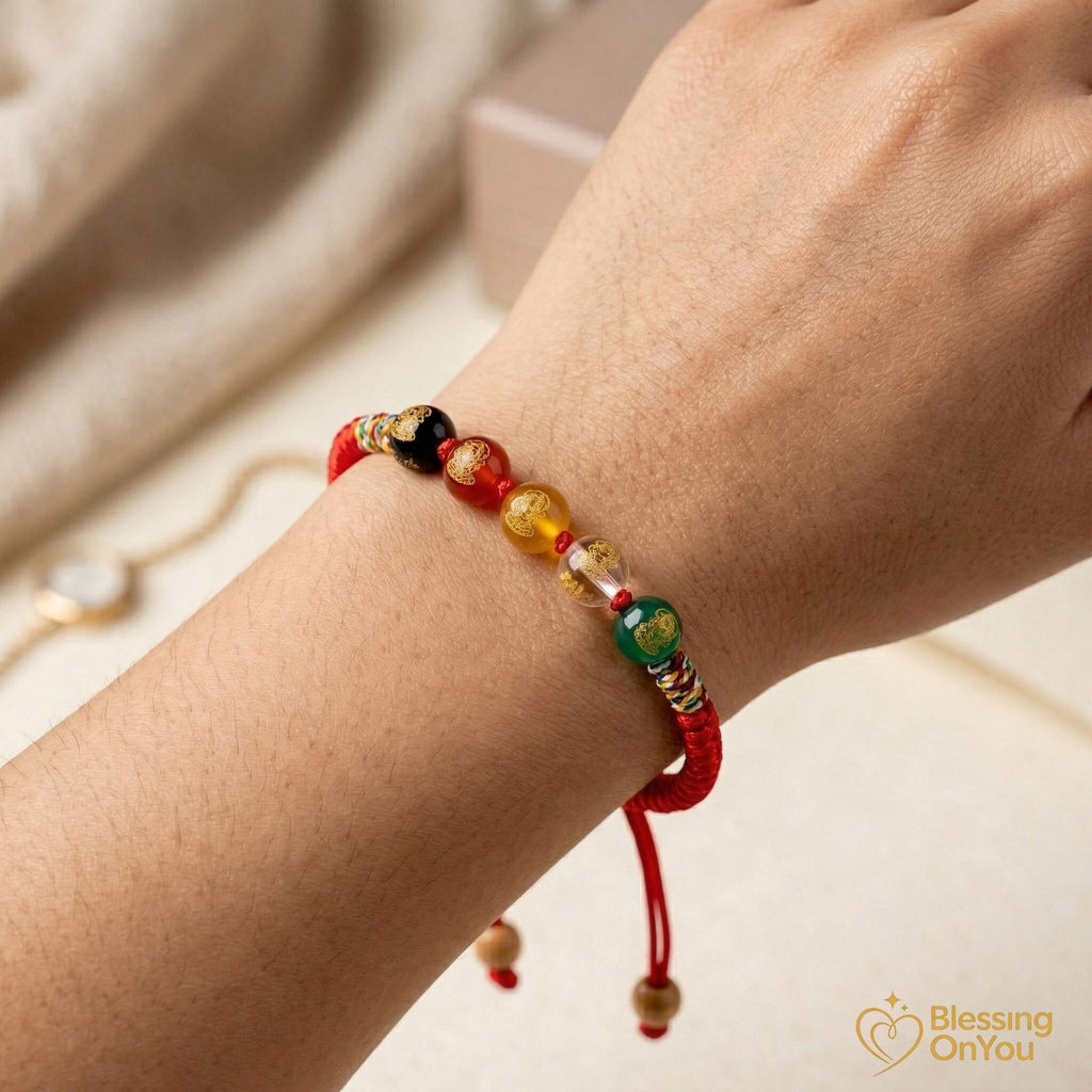 Five Gods Of Wealth Bracelet, 5 Roads Prosperity Bracelet, Woven Hand Rope, Buddhist talisman, Feng Shui Good Luck, Abundance & Protection