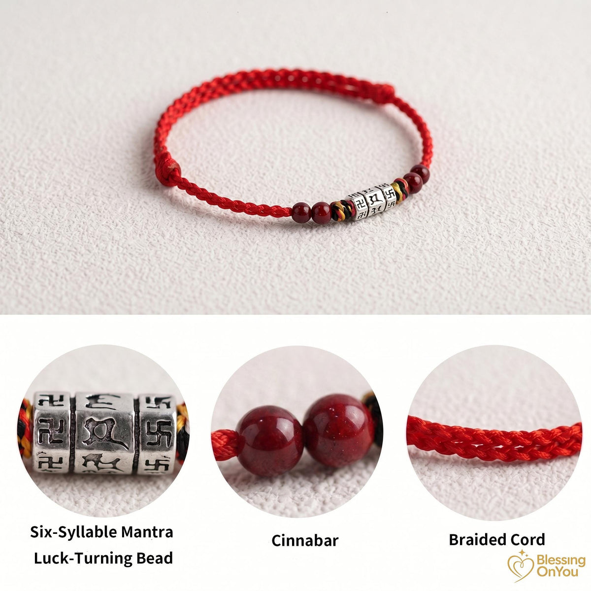 Tibetan Six Syllable Mantra Bracelet | Handwoven Red String Protection Bracelet | Cinnabar Energy Amulet | Buddhist Blessing Gift