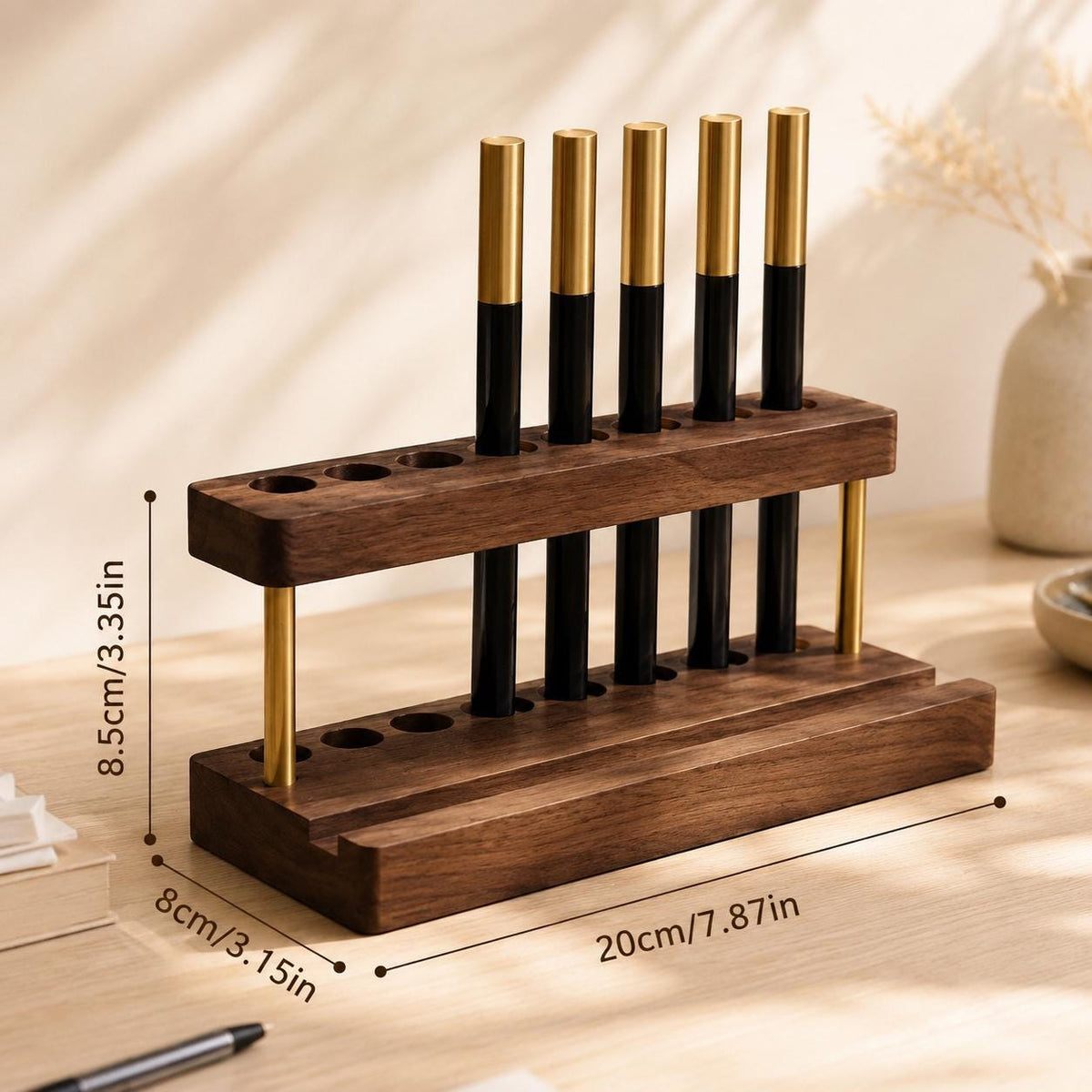 Walnut Wood Pen Holder with Phone Stand, Desktop Organizer with Brass Accents
