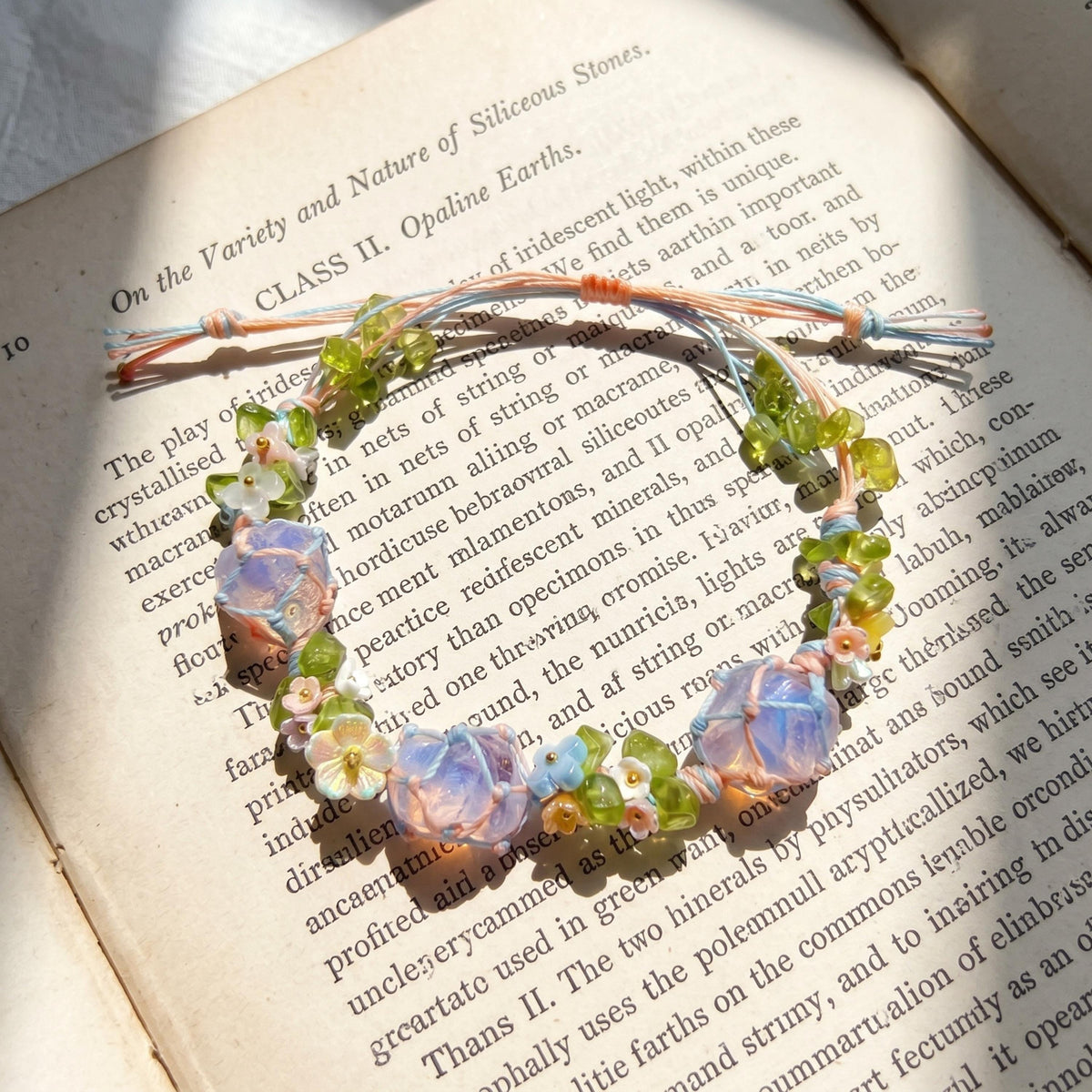 Woven Rope Bracelet with Raw Crystals and Pastel Flowers – Botanical Fairycore Jewelry