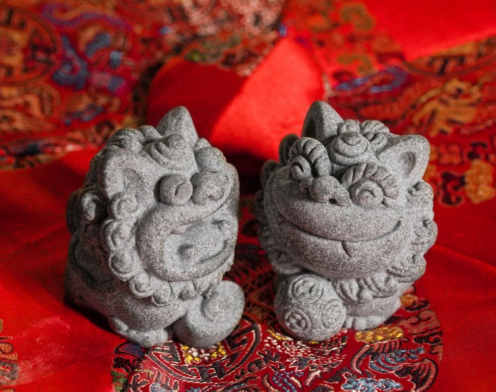 Pair of miniature foo dog stone statues inspired by guardian lion statues