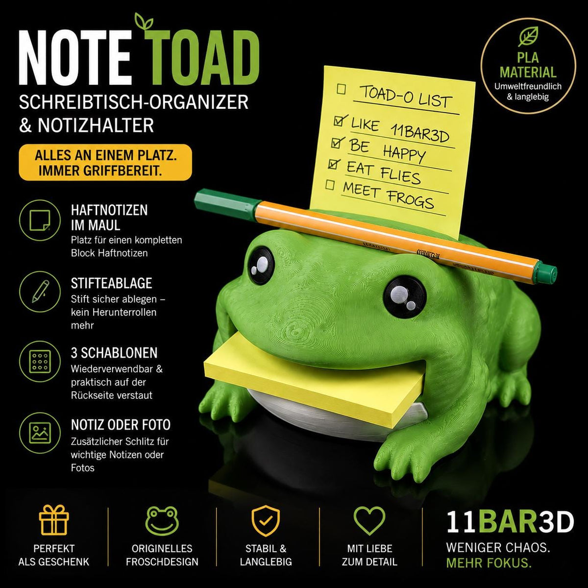 Note Toad | Frog Desk Organizer & Note Holder | Sticky Note Holder with Pen Tray | 3D-Printed Desk Decor