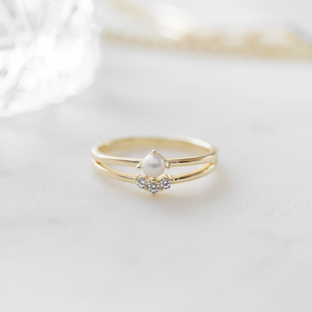 Pearl Ring Set Dainty Pearl Ring Gold Pearl Ring Stacking Ring Simple Ring June Birthstone Minimalist Ring Bridal Jewelry