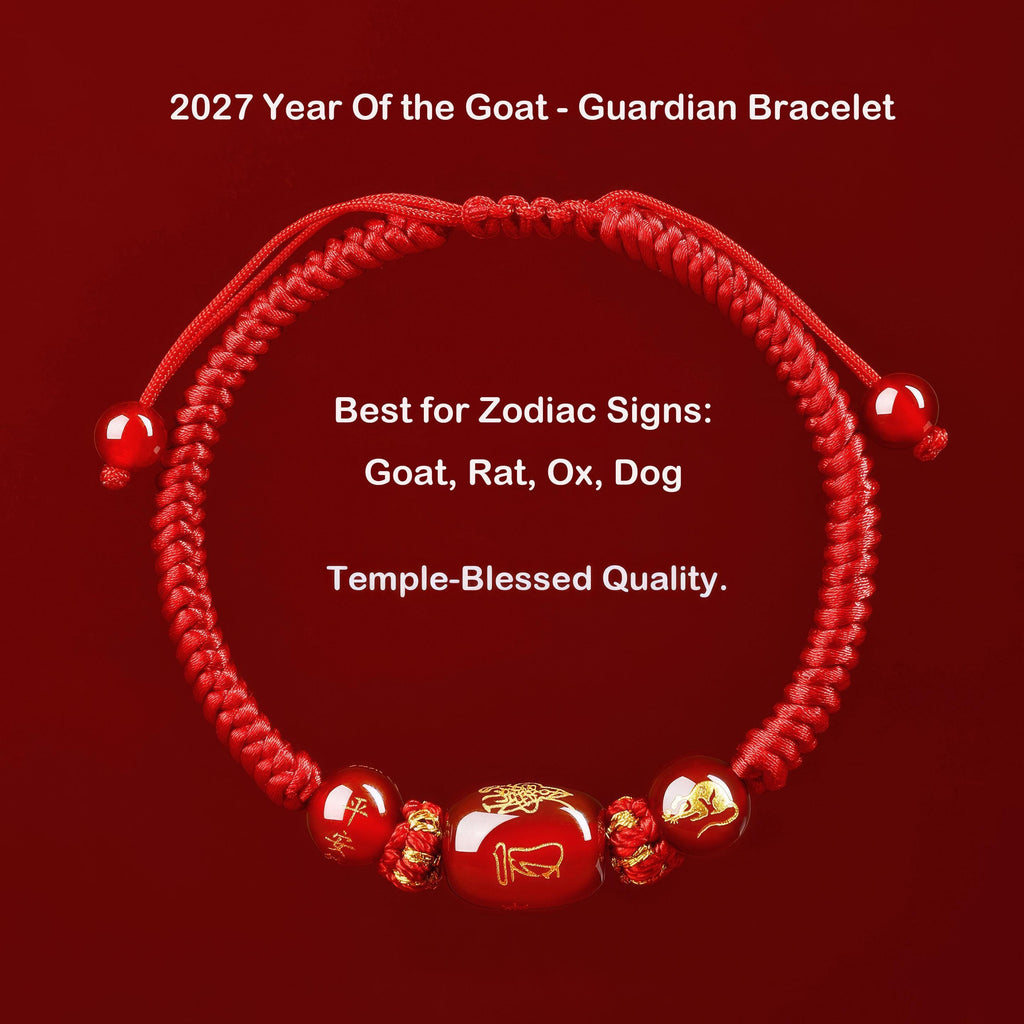 2027 Year of the Goat Protection Bracelet, Red String Agate Amulet, Feng Shui Good Luck Gift for Zodiac Goat, Rat, Ox, Dog