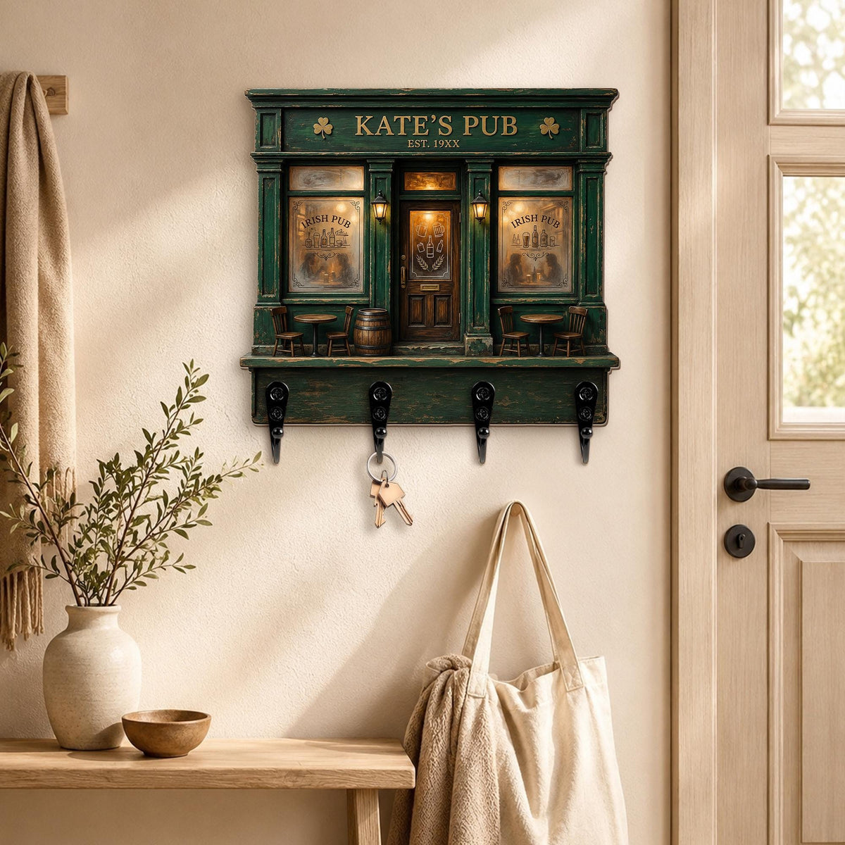 Personalized Irish Pub Key Holder, Custom Family Bar Sign, Shamrock Wall Key Rack, Rustic Entryway Decor, Housewarming Gift