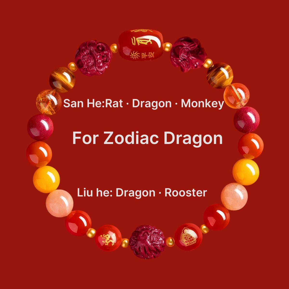 2027 Zodiac Gift Bracelet, Tai Sui Protection Bracelet, Natural Cinnabar & Gemstones, San He Liu He Talisman, Temple Blessed Chinese Zodiac