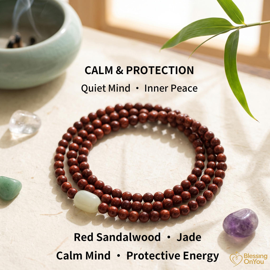 Red Sandalwood Bead Bracelet | Multi Wrap Mala Bracelet | Double Triple Wrap Buddhist Prayer Beads | Minimalist Wood Energy Protection Gift