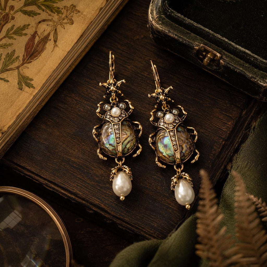 Beetle Earrings, Iridescent Shell and Baroque Pearl Dangles, Victorian Gothic Insect Jewelry