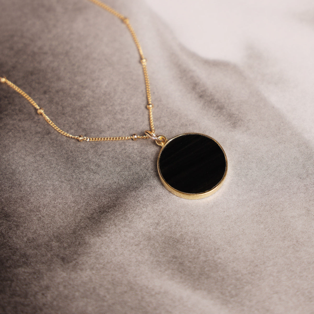 Black Obsidian Circle Pendant Necklace - Minimalist geometric jewelry on 18, 20 or 24 inch 14k gold filled satellite chain - Jewelry Gift