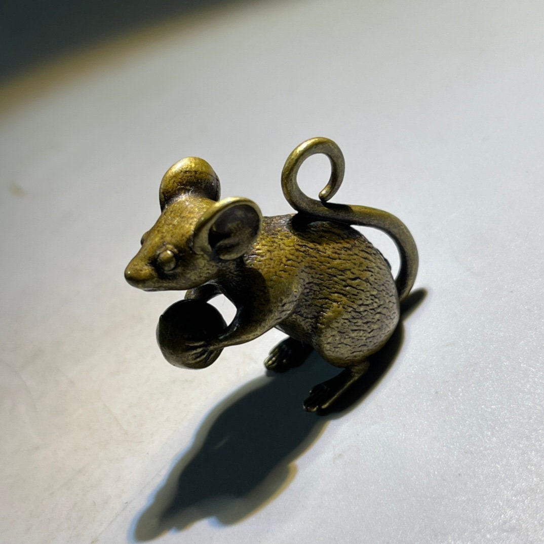 Brass Mouse Figurine Small Vintage Rat Holding Chestnut Statue Desk Decor