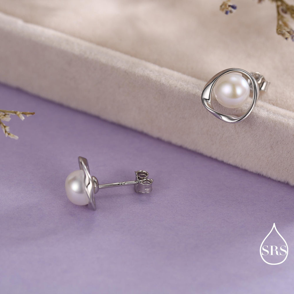 Genuine Freshwater Pearl and Mobius Circle Stud Earrings in Sterling Silver, Delicate Keshi Pearl Halo Earrings, Genuine Freshwater Pearls