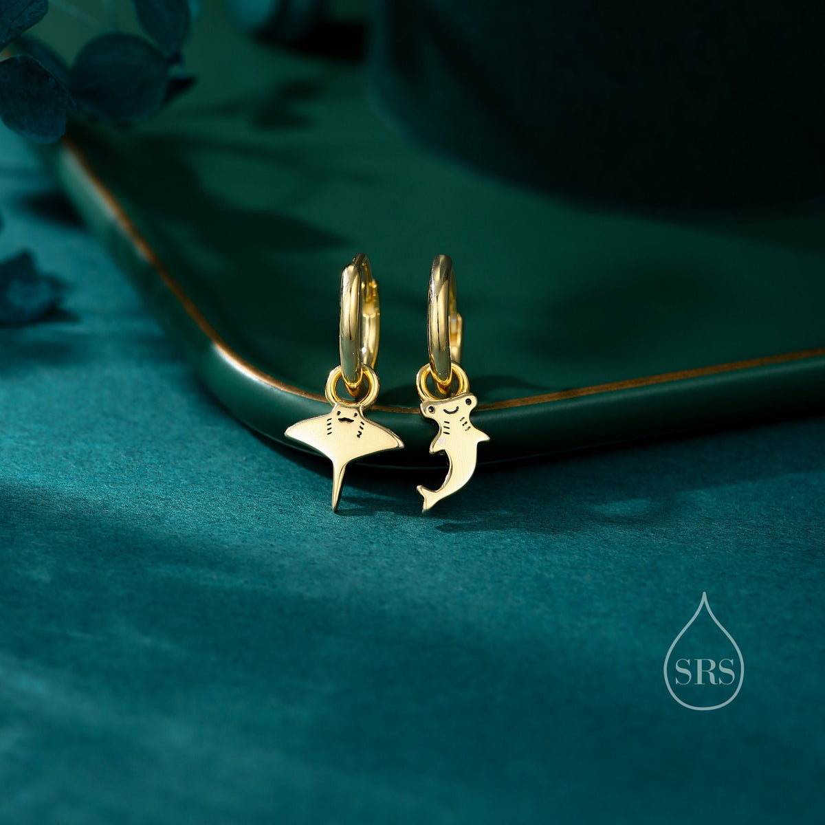 Mismatched Kawaii Hammerhead Shark and Manta Ray Huggie Hoop Earrings in Sterling Silver, Gold or Rose Gold, Asymmetric and Detachable