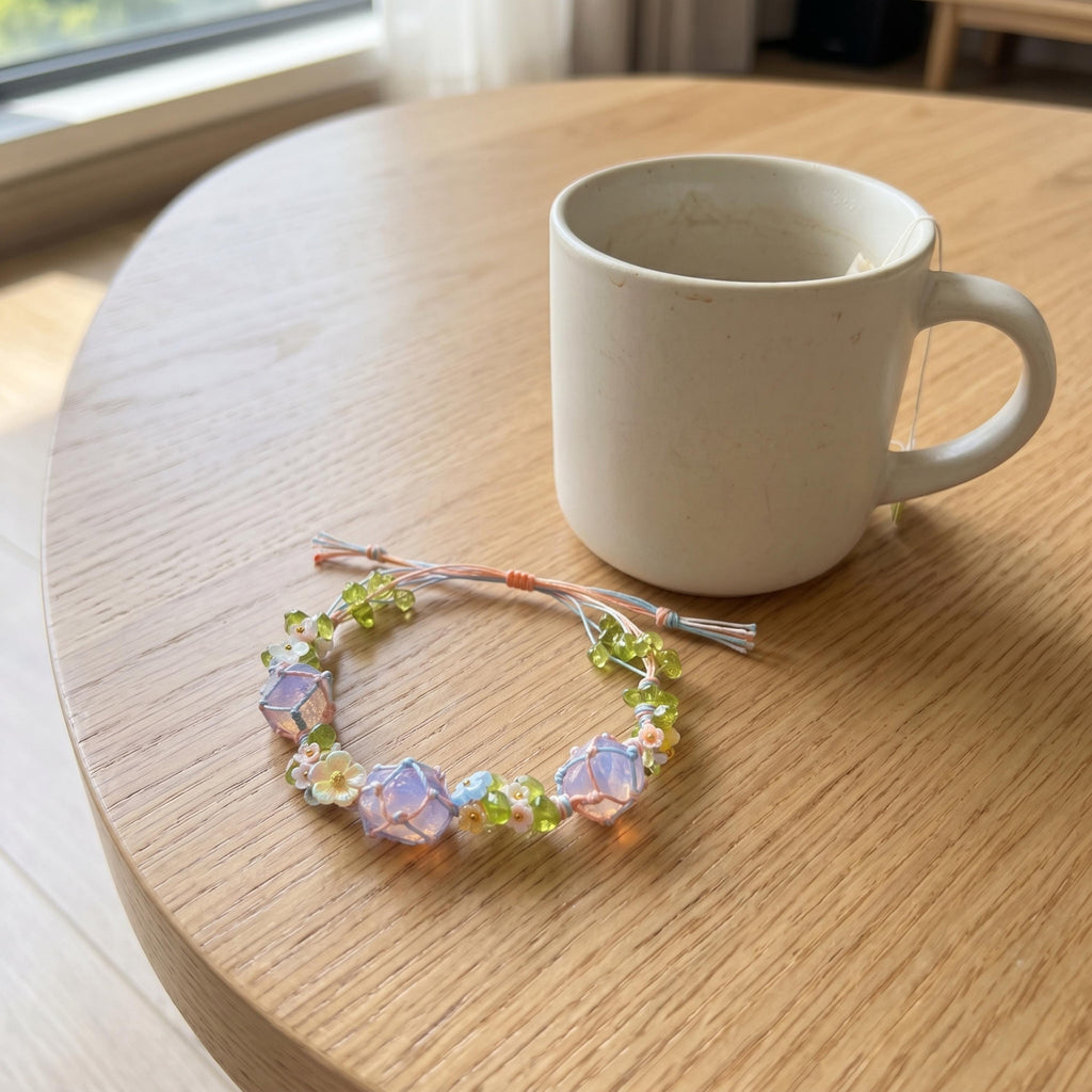 Woven Rope Bracelet with Raw Crystals and Pastel Flowers – Botanical Fairycore Jewelry