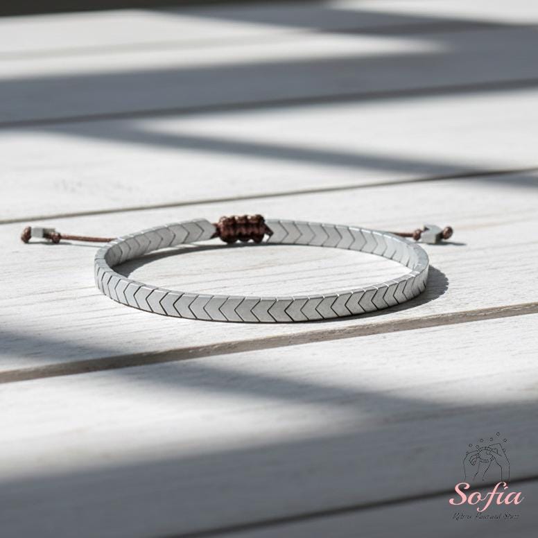 Natural Hematite Beaded Bracelet – Arrow Shaped Beads Dainty Gemstone Jewelry – Minimalist Boho Bracelet