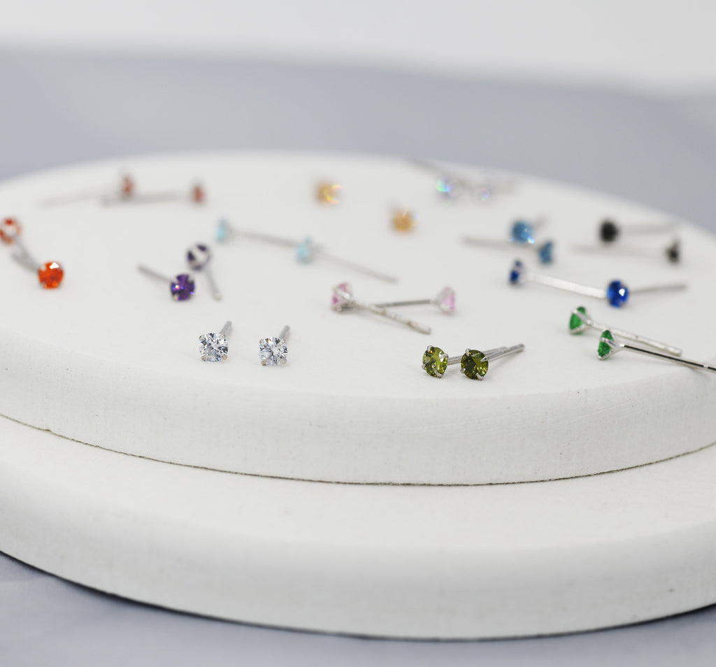Sterling Silver Tiny Birthstone Stud Earrings, 3mm Birthstone CZ Earrings, Stacking Earrings