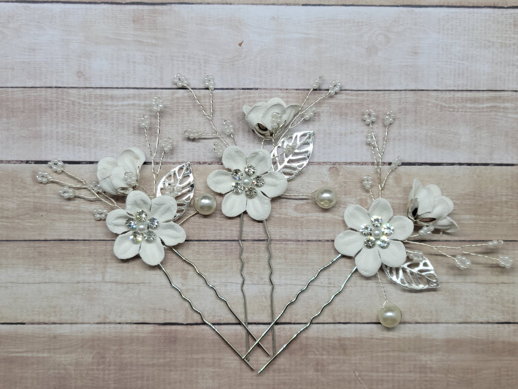 Bridal Hair Pins, Crystal Pearl Blue Flower Wedding Accessory